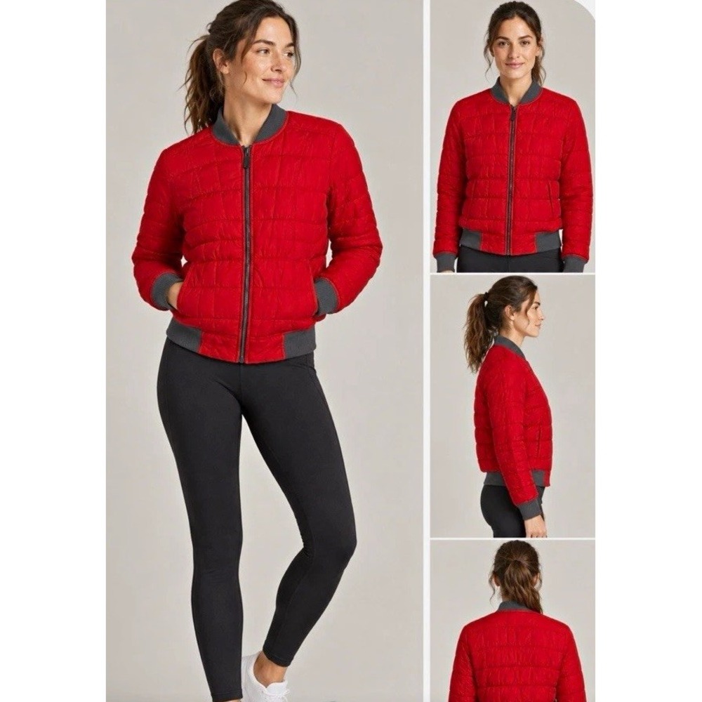 Athleta Womens Quilted Goose Down Lightweight Bomber Jacket XXS Tomato Red Retro